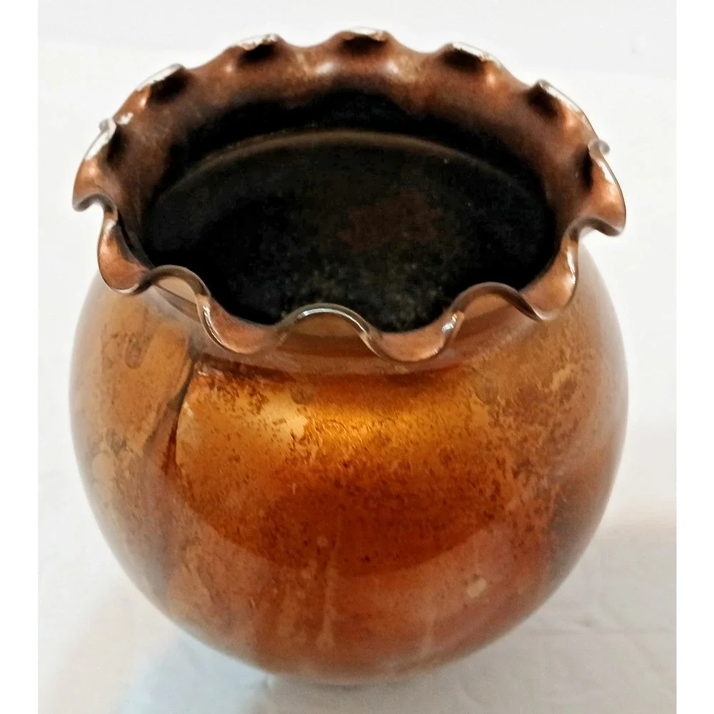 VTG Murano Style Rose Bowl Vase Ruffled Edge Amberina Metallic Bohemian Retro